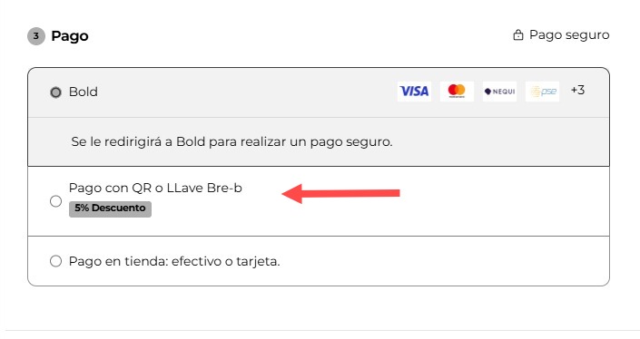 Opción de pago Bre-B o QR en pasarela de pago